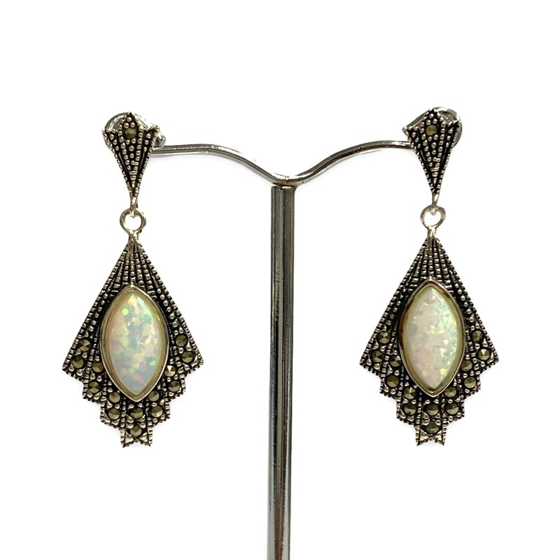 Beautiful Art Deco Style Gilson Opal with Marcasite Earrings 925 Sterling Silver - Earrings & Clip-ons - Sterling Silver Silver