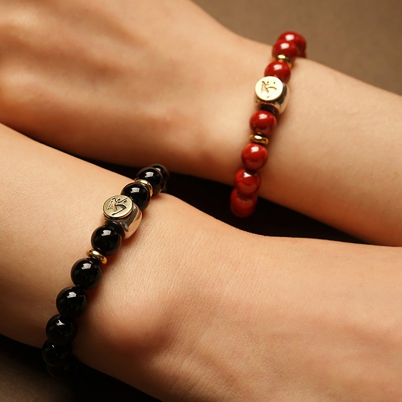 Birth Buddha couple bracelets in the future 925 Silver black agate high content cinnabar red male and female models consecration gift - สร้อยข้อมือ - วัสดุอื่นๆ 