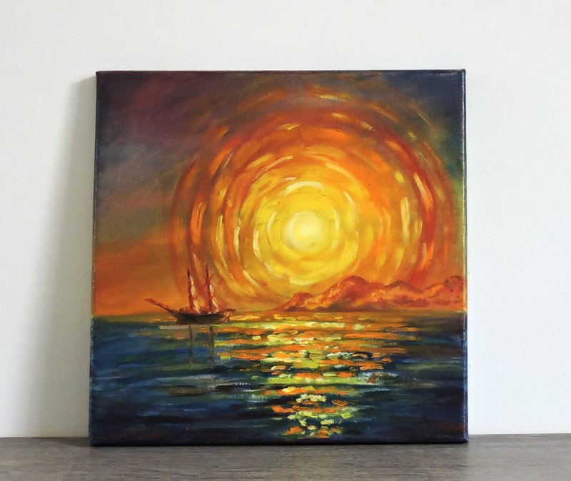 Sunrise at the sea original small oil painting on canvas home wall decoration - Wall Décor - Other Materials Multicolor