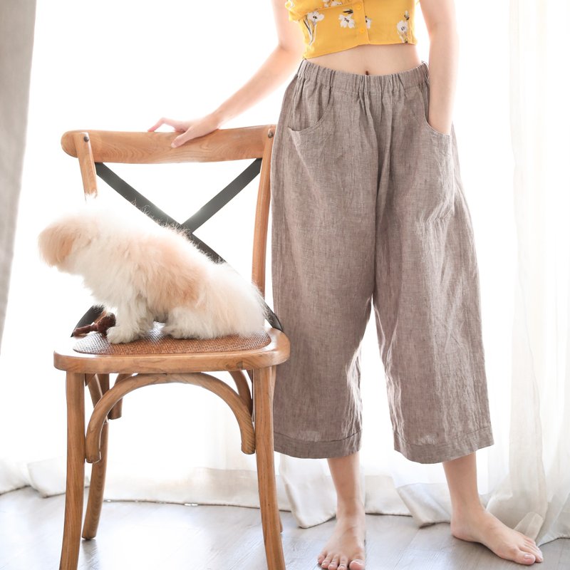 Natural linen wide Leg Pants - Light Brown - Women's Pants - Linen Brown