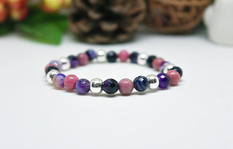 Natural Stone X Silver Elastic Bracelet <Rose Purple> - Bracelets - Gemstone Purple
