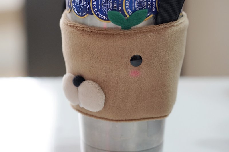bucute marlin mouse environmental protection 1000ml ice dam cup bag/beverage cup holder/environmental protection cup holder/handmade - ถุงใส่กระติกนำ้ - เส้นใยสังเคราะห์ สีกากี