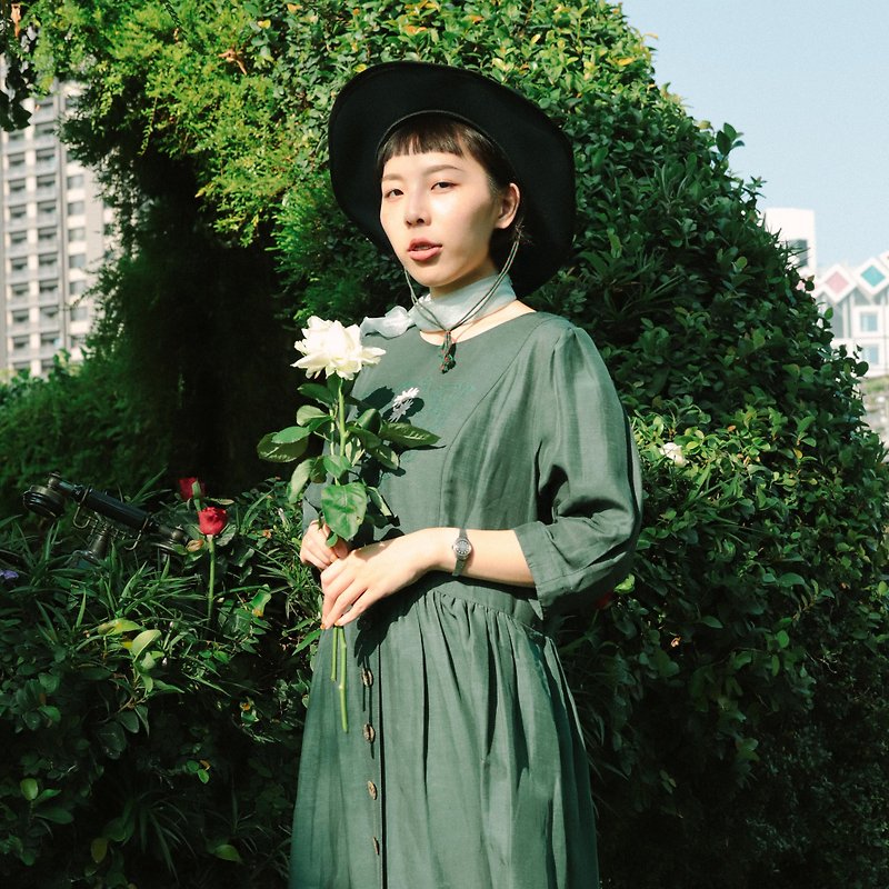 Bavarian dress 012, green five-point sleeve dress [Tsubasa.Y Vintage House] - One Piece Dresses - Cotton & Hemp Green
