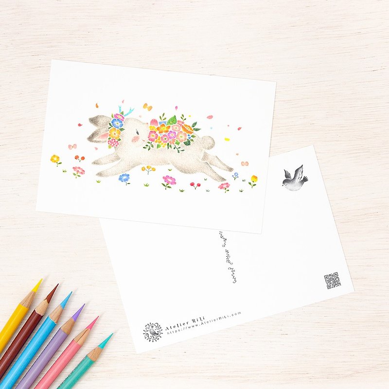 5 piece set. like a picture book. White rabbit decorated with postcard flowers PC-1220 - การ์ด/โปสการ์ด - กระดาษ หลากหลายสี