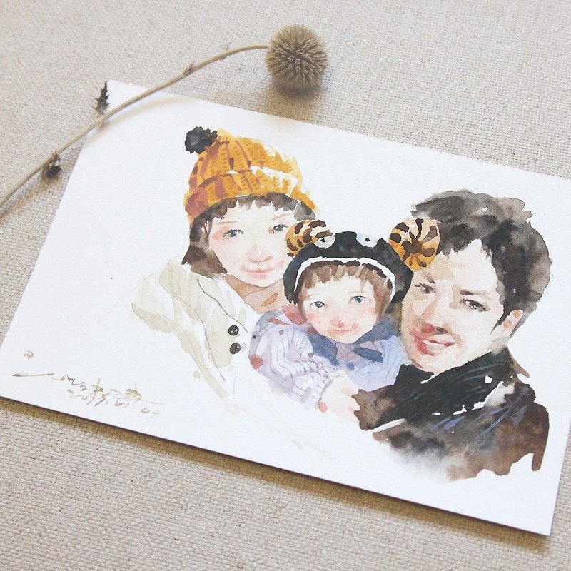 英語の水彩手描きのカスタム絵画[家族] - 似顔絵 - 紙 ブラウン