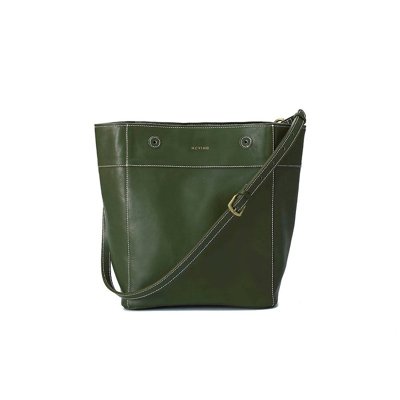 The Eye side olive green full leather backpack - กระเป๋าแมสเซนเจอร์ - หนังแท้ สีเขียว