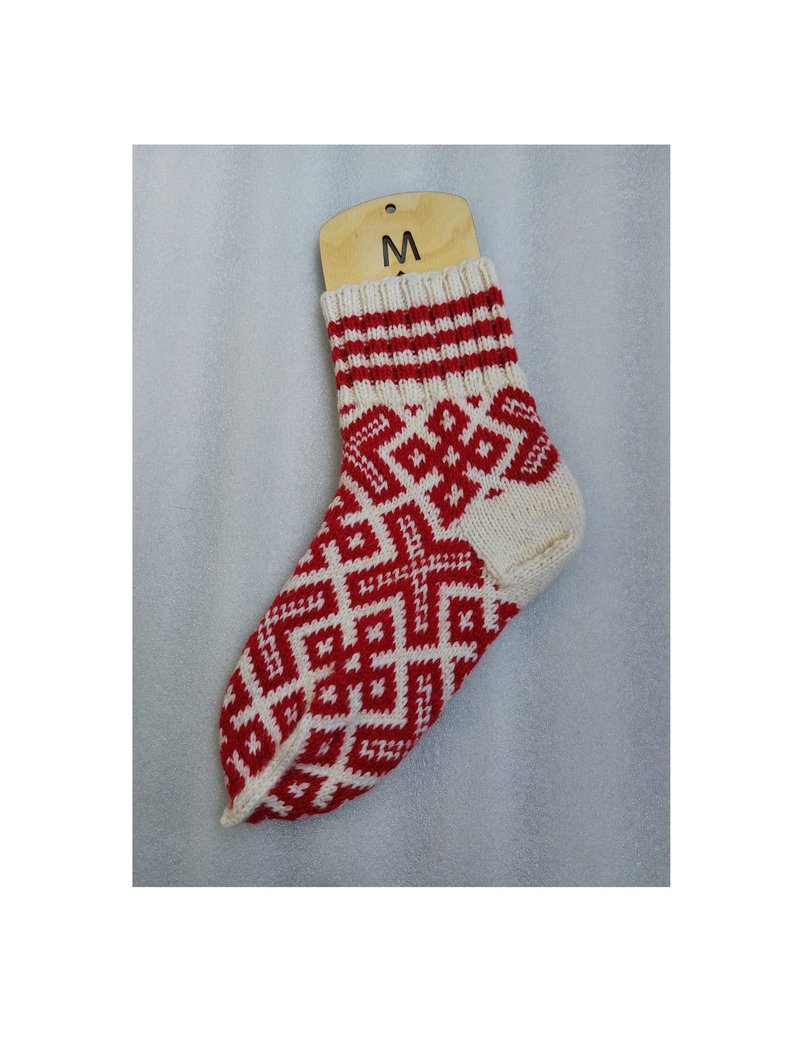Womens handmade white woolen socks with a red pattern - 襪子 - 羊毛 白色