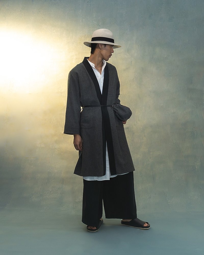 Kimono robe in grey stripes - Men's Coats & Jackets - Wool Gray
