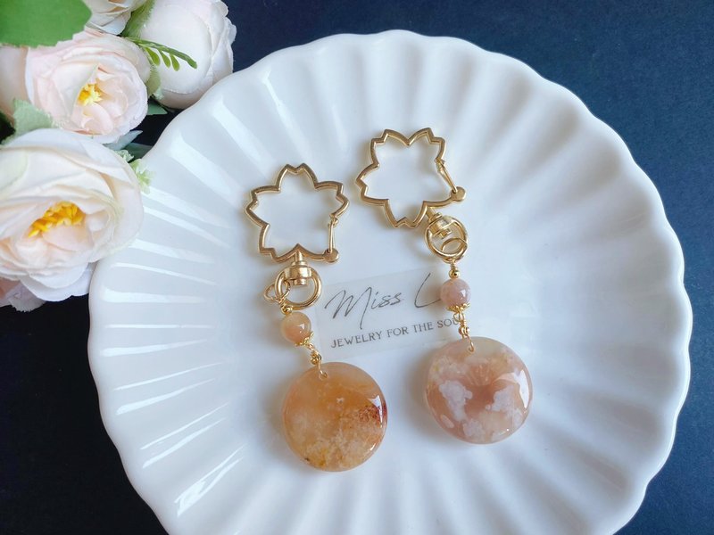 桜瑪瑙 水中花 花型 キーホルダー バッグチャーム 親友 天然石 誕生日プレゼント - チャーム - クリスタル オレンジ