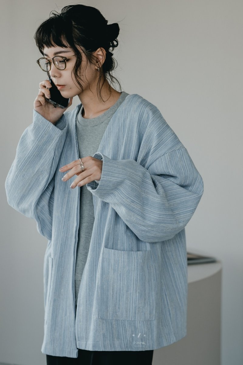 刷新創作簡約道袍外套 - 2色 - 刷藍 - 女西裝外套 - 棉．麻 藍色