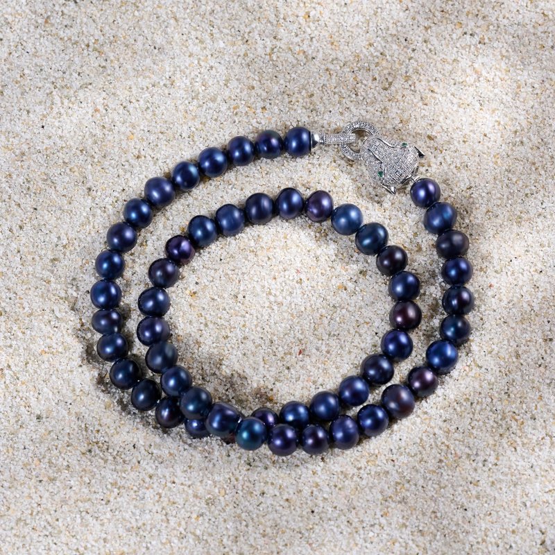 天然ディープブルー淡水パールネックレス 8–9mm シルバー豹頭留め具 バースデーギフト - ネックレス - 真珠 ブルー