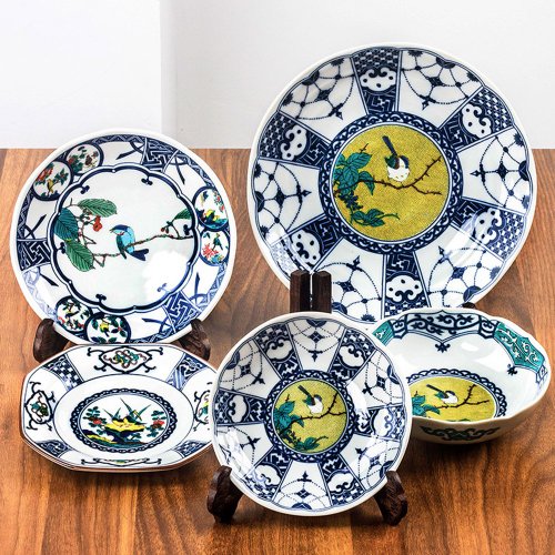 日本藥師窯 日本進口九穀燒青郊窯彩繪花鳥陶瓷餐具菜盤平盤甜品水果點心盤