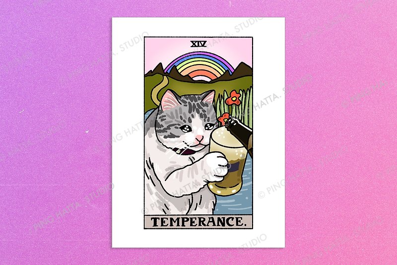 Temperance Funny Tarot Beer Cat Meme Art Poster