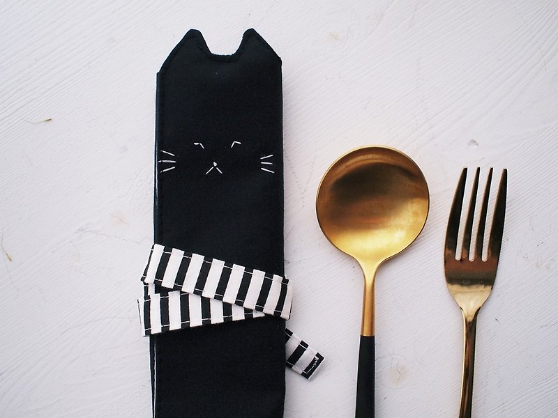 Hairmo Proud Cat Environmental Chopsticks Set/Tableware Bag/Pen Case-Black (banding stripes or dots) - ตะเกียบ - ผ้าฝ้าย/ผ้าลินิน สีดำ