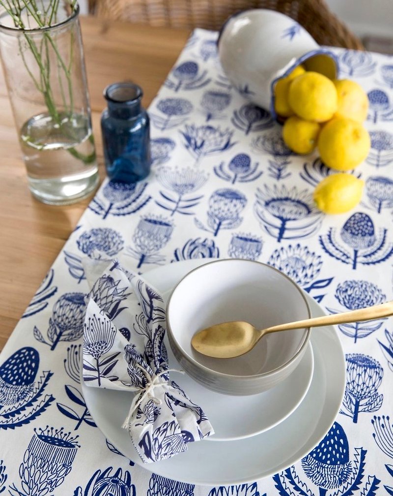 South Africa aLoveSupreme_Hand-painted colorful long tablecloth_African Plant Kingdom_Blue and white background - Place Mats & Dining Décor - Cotton & Hemp 
