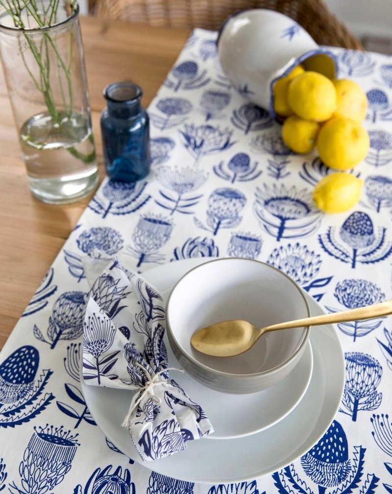 South Africa aLoveSupreme_Hand-painted colorful long tablecloth_African Plant Kingdom_Blue and white background - Place Mats & Dining Décor - Cotton & Hemp 