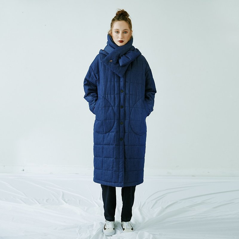 Denim quilted long hooded padded coat - Women's Casual & Functional Jackets - Cotton & Hemp Blue