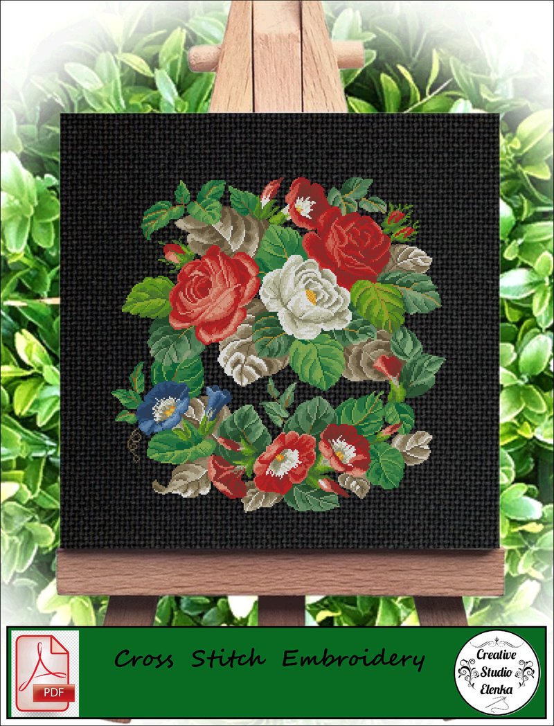 Vintage Cross Stitch Scheme Roses and Convolvulus - PDF Embroidery Scheme - Knitting, Embroidery, Felted Wool & Sewing - Other Materials 