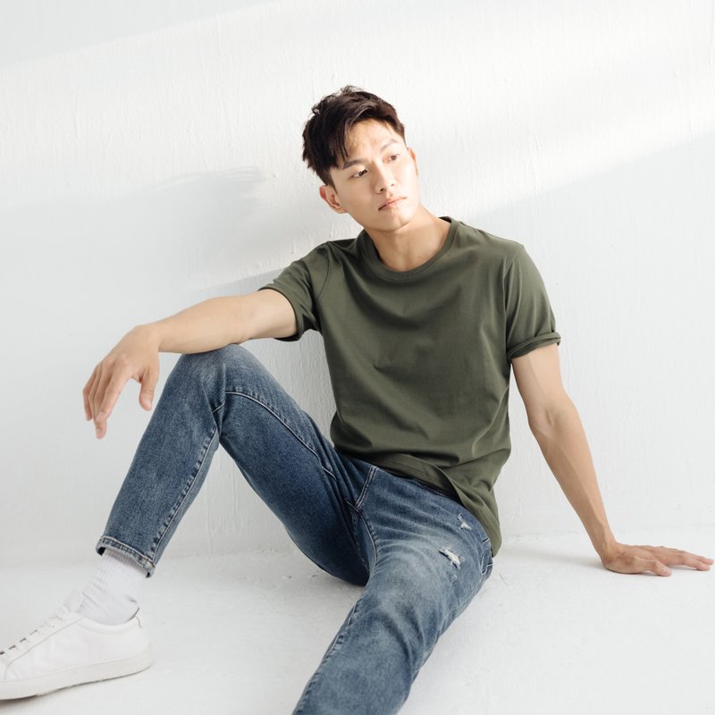 JERSCYテクスチャTEE（均一なグリーン/フォレストグリーン/ネイビーブルー/ミストブルー/レッドメープルブラウン/ライトカーキ） - Tシャツ メンズ - コットン・麻 グリーン