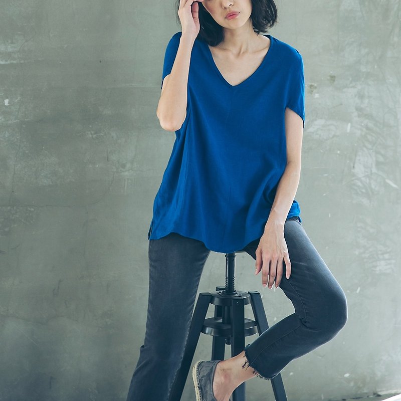 Shawl Top - Blue - เสื้อผู้หญิง - ผ้าฝ้าย/ผ้าลินิน สีน้ำเงิน