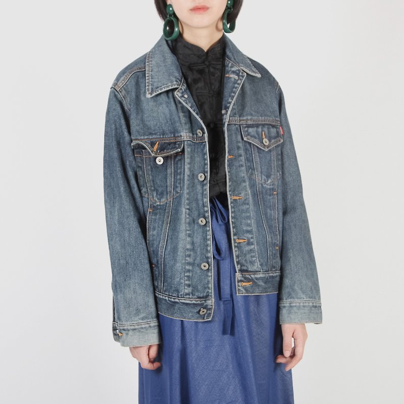 [Egg plant ancient] sunny classic vintage denim jacket - เสื้อแจ็คเก็ต - ผ้าฝ้าย/ผ้าลินิน สีน้ำเงิน