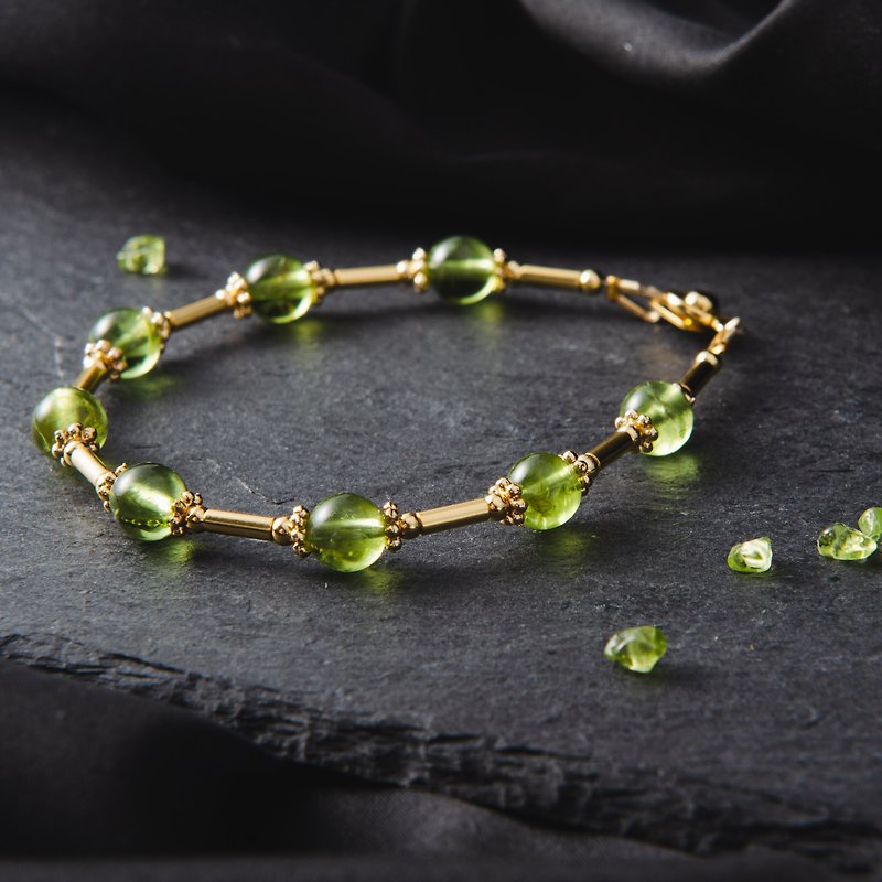 Peridot, 14K Gold Plated Natural Gemstone Crystal Bracelet - สร้อยข้อมือ - คริสตัล สีเขียว