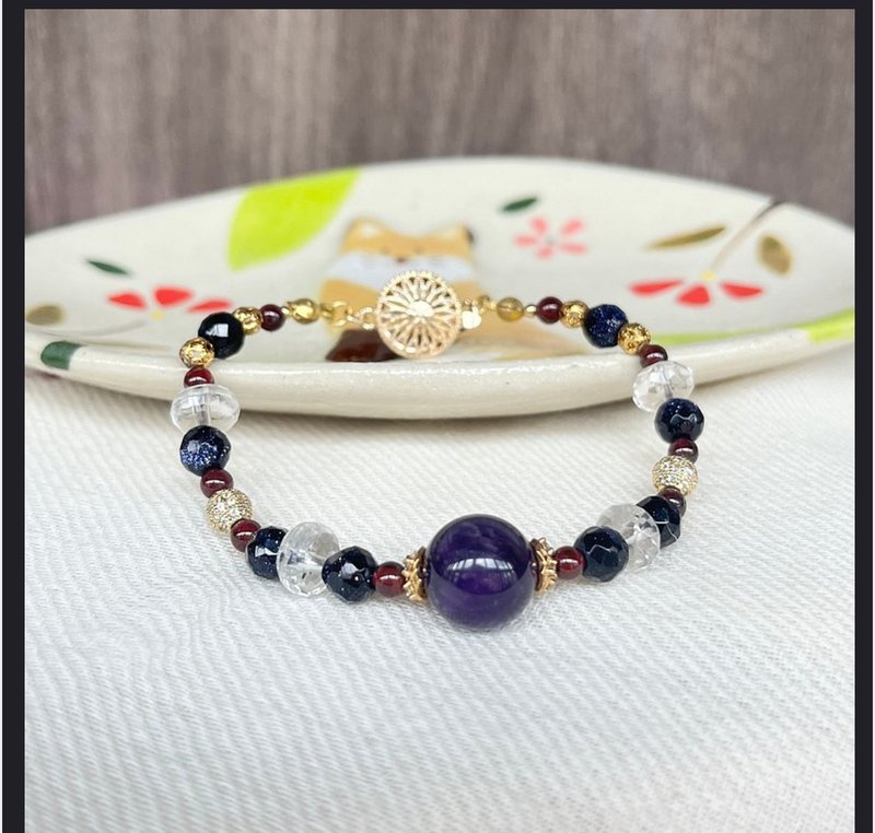 A Lu natural deep amethyst + gold sand obsidian + white crystal + Stone bracelet / with gold-plated buckle - Bracelets - Crystal Multicolor