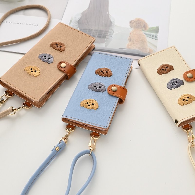全機種対応 スマホケース 手帳型 【 刺繍 縦下げパーツトイプードル 】 レザー 犬の日 スマホショルダー 手ぶら A187I - 手機殼/手機套 - 真皮 藍色