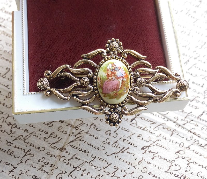 Vintage Jewelry 西洋古董飾品 法式浪漫情侶 簍空 別針 - 徽章/別針 - 其他金屬 金色