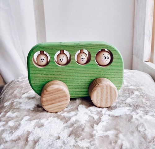 ODEAS 綠色木製巴士推車玩具木製玩具車兒童聖誕禮物
