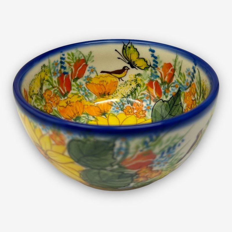 Polish hand-painted pottery-rice bowl 13cm butterfly dream yellow flower series designer model - Bowls - Pottery Yellow