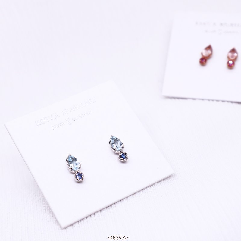 • Twinkle Stud• Powder Crystal Blue Topaz Pear Shaped Natural Crystal Earrings - Earrings & Clip-ons - Sterling Silver Pink