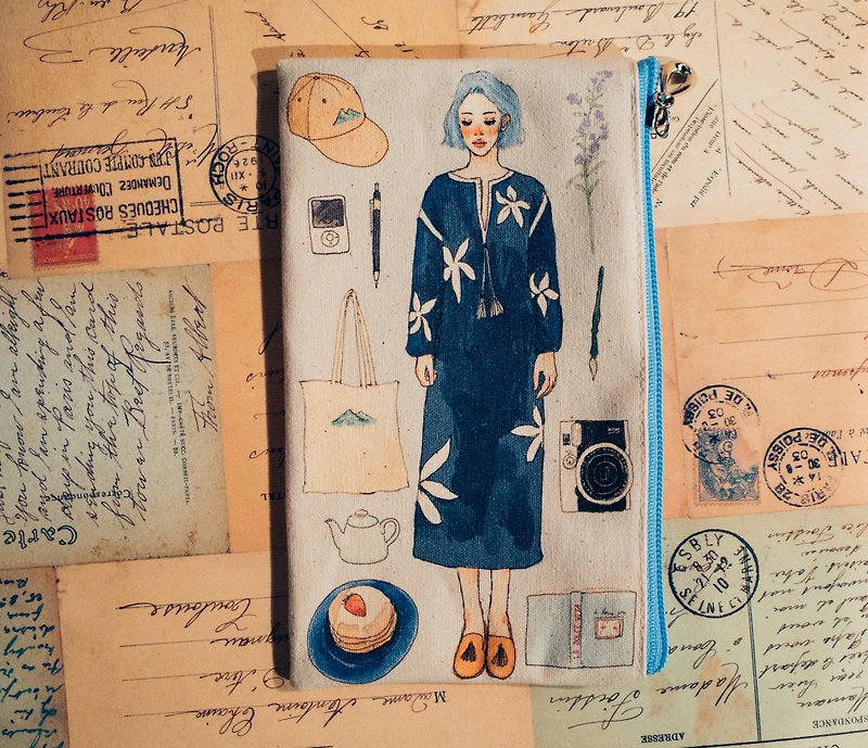 モロッコの女の子のキャンバスの鉛筆の袋 - ペンケース・筆箱 - コットン・麻 ブルー