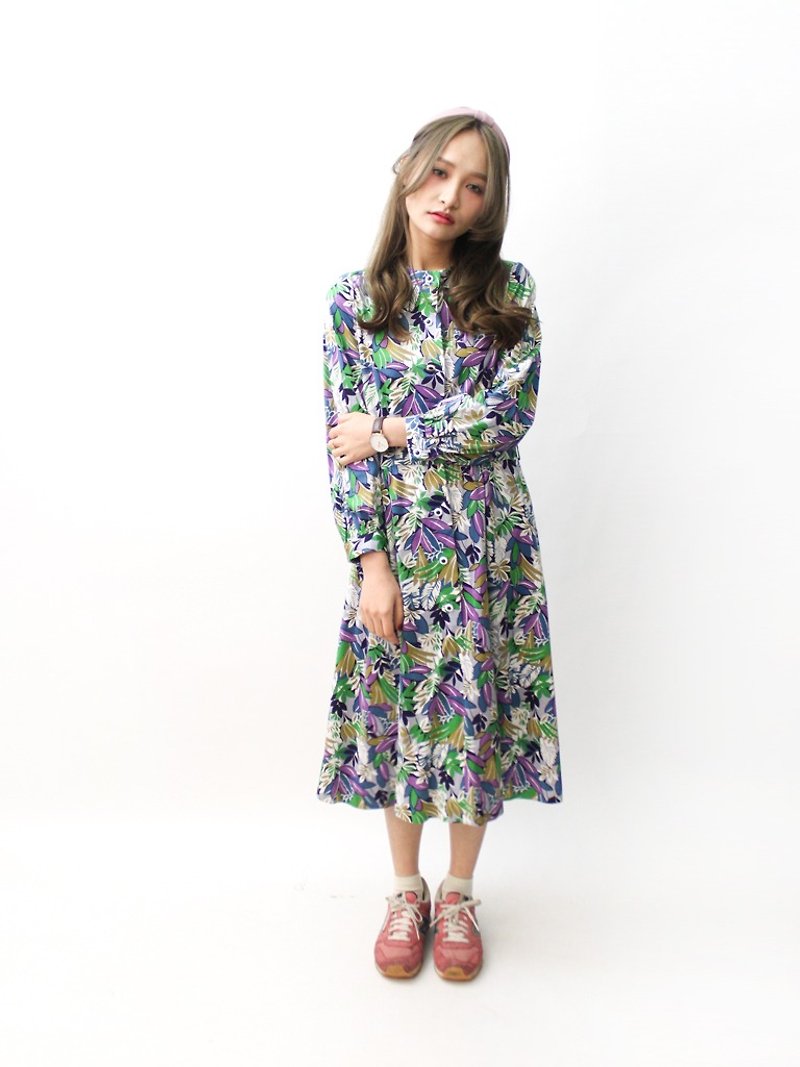 [] RE0322D1033 complex Gu Pupu spring and summer wind printing cotton long-sleeved green vintage dress - One Piece Dresses - Polyester Green