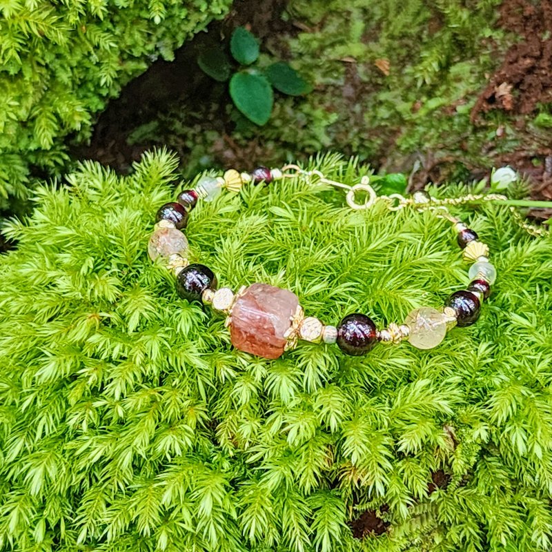花語心火。紅膠花 紅石榴石 銅髮晶 黃月光石 水晶手鍊 - 手鍊/手環 - 水晶 