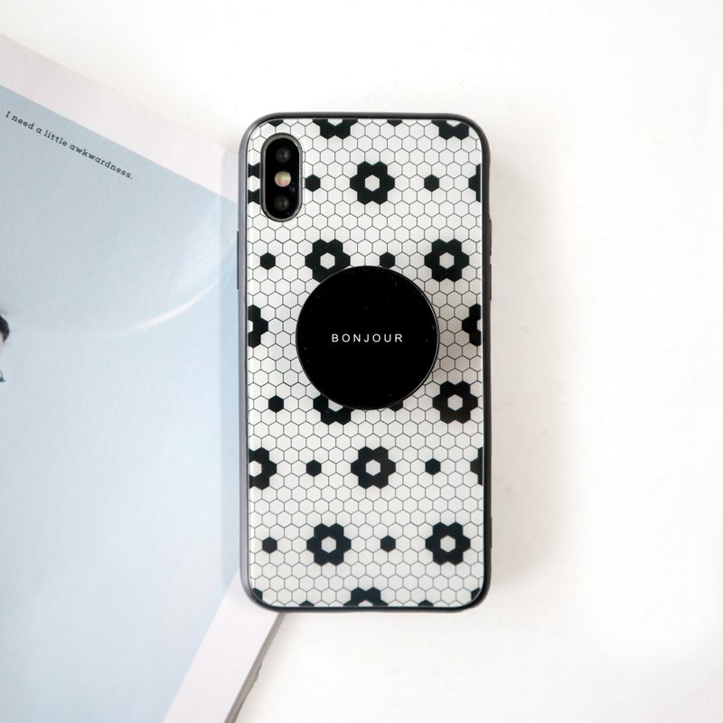 黒と白の花のタイルガラスパフブラケット携帯電話ケース - スマホケース・カバー - ガラス ブラック