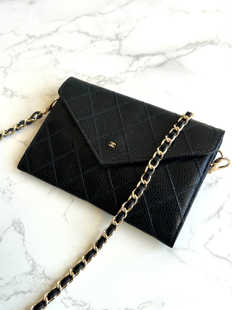 中古包 Chanel黑色魚子醬信封包 斜背包 單肩包 側背包 二手包 - 側背包/斜背包 - 真皮 黑色