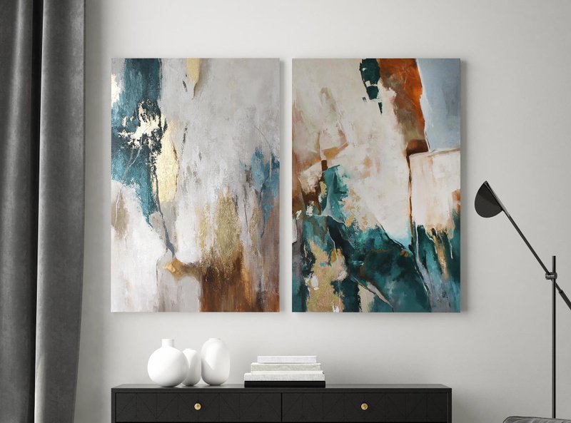 Teal green painting set of 2 | Teal brown abstract painting set of 2 | Hurricane - 壁貼/牆壁裝飾 - 棉．麻 綠色