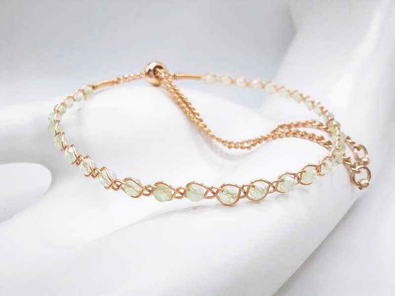 Braided | Prehnite, Gold Color, Wire Braid, Adjustable Bracelet - สร้อยข้อมือ - คริสตัล สีเขียว