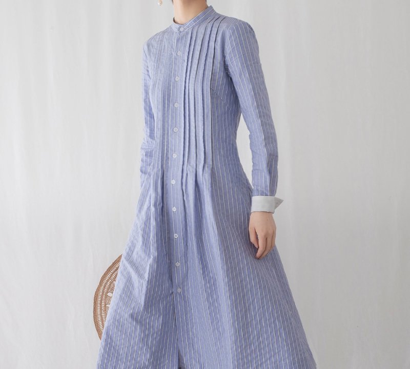 French girl gentleman striped vintage henley collar dress - One Piece Dresses - Cotton & Hemp Blue