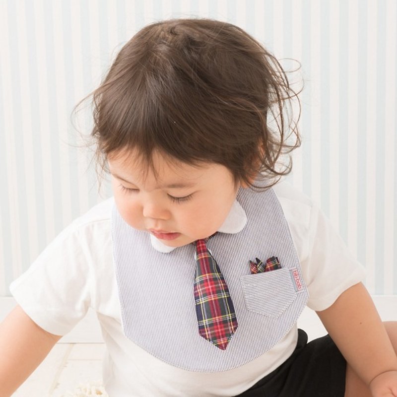 bib-bab Baby Bib Formal Type Gray (Red Blue Tartan Tie) - ผ้ากันเปื้อน - ผ้าฝ้าย/ผ้าลินิน สีเทา