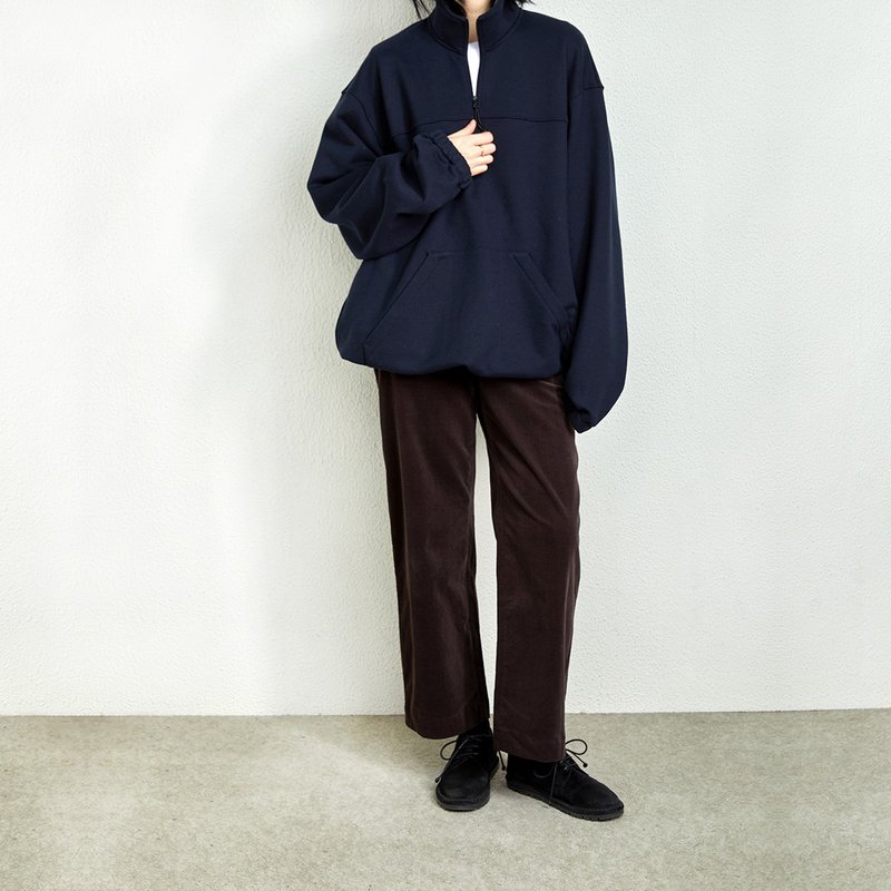 Half-open collar zipper pullover pockets large outline drawstring drawstring shrink edge sweater Gaoguo GAOGUO - Women's Tops - Cotton & Hemp Blue