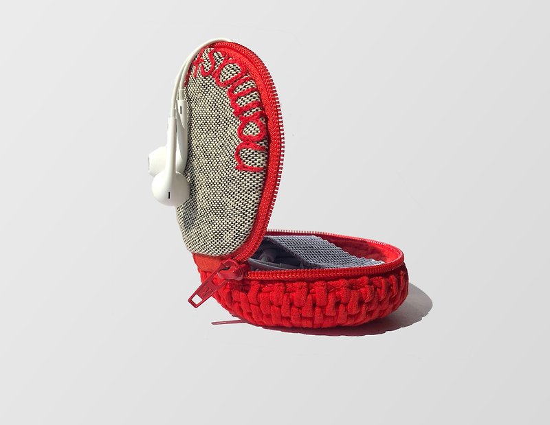 Crochet headphone case Charger holder with embroidery Red coin purse Keychain - Coin Purses - Cotton & Hemp Red