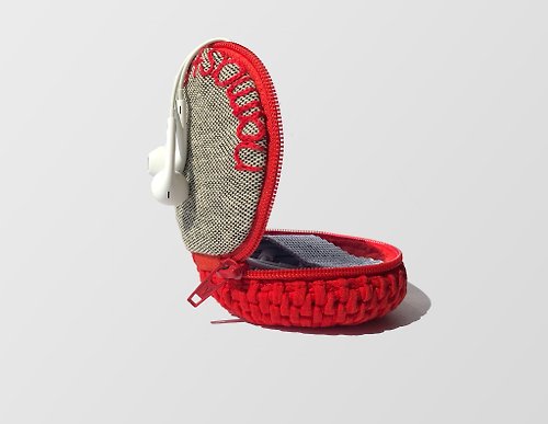 KatitoBags Crochet headphone case Charger holder with embroidery Red coin purse Keychain