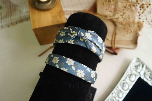 Antique tie modified handmade headband - winter flowers - gray blue -  narrow version