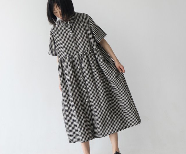 D-DUE デドゥエ チェック柄 ワンピース 長袖 リネン 麻 38 O1CN01UiAiKR1sr9T4z1RnH_!!