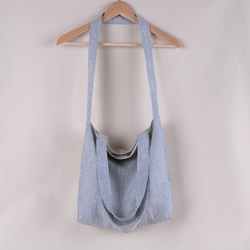 Navy Blue Striped Linen Tote Bag - 側背包/斜背包 - 棉．麻 藍色