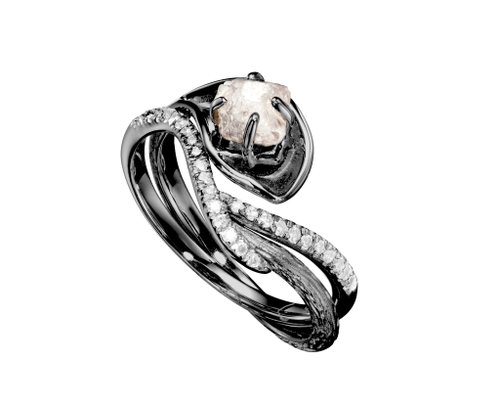 Majade Jewelry Design 14k黑金鑽石鑽胚馬蹄蓮結婚戒指組合 海芋花原石密鑲求婚戒指套裝