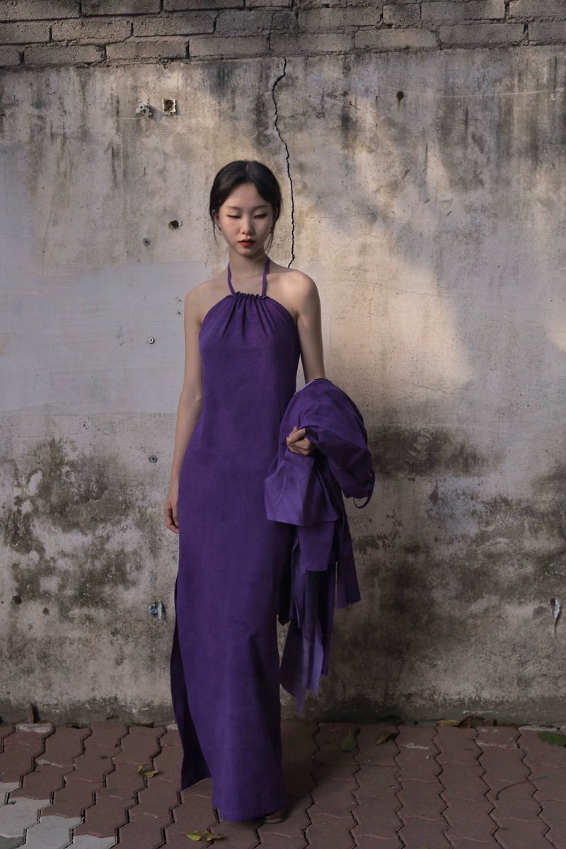 手工染色 紫色毛邊蝴蝶結連身裙 - 連身裙 - 其他材質 紫色