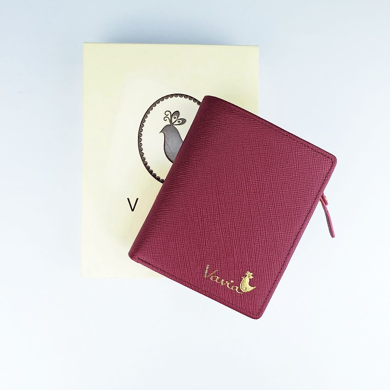 " Burgundy Red " Pocket Book Short Wallet / Cow Leather - 銀包 - 真皮 紅色